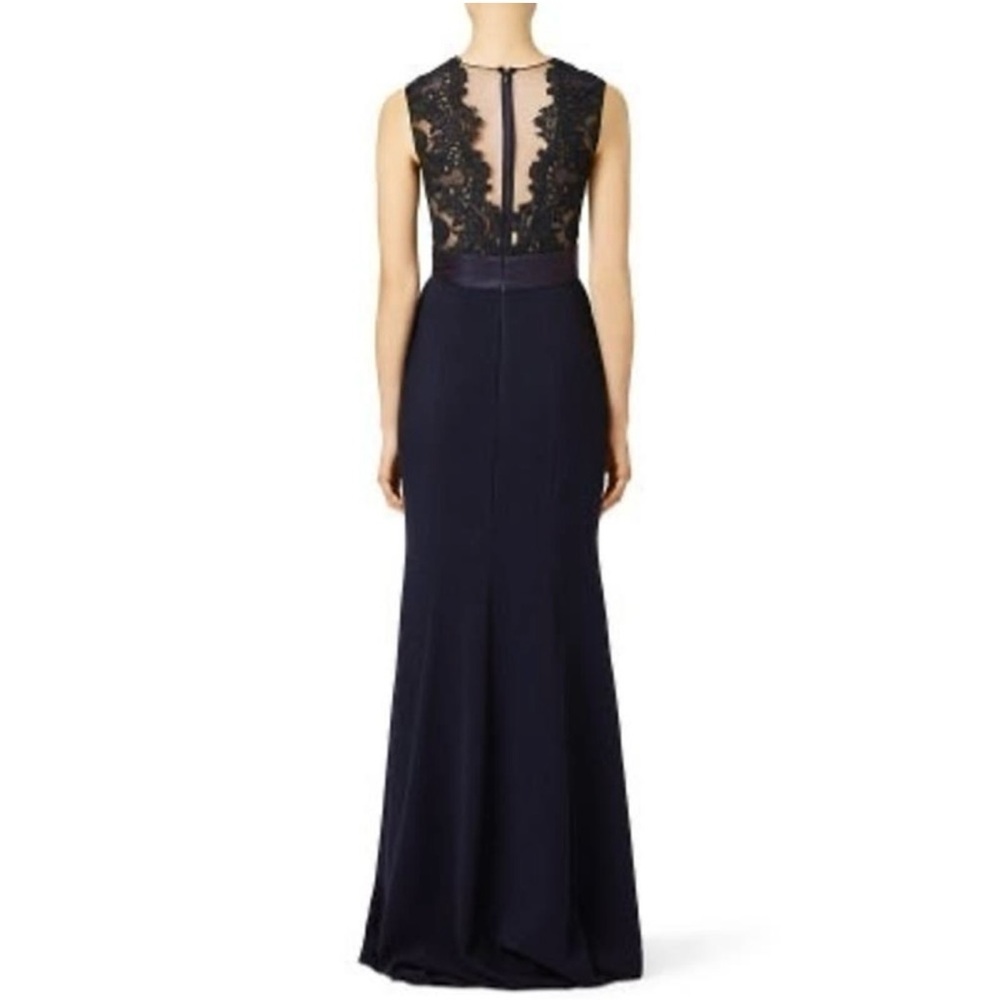 THEIA Deep Midnight Blue Lace Cutout Deep V-Neckline Fitted Maxi Dress Size 14